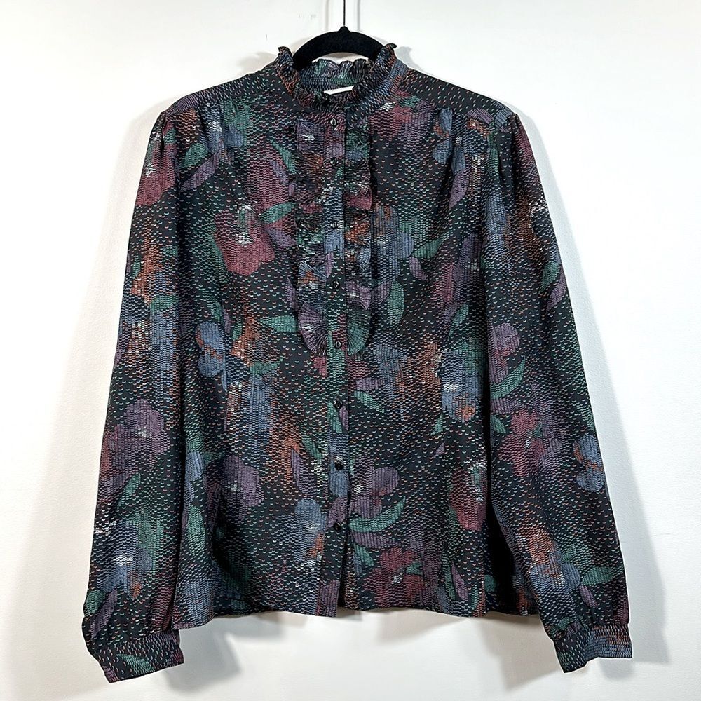 Pykettes Vintage Ruffle Button Front Longsleeve Art to Wear Dark Blouse Medium